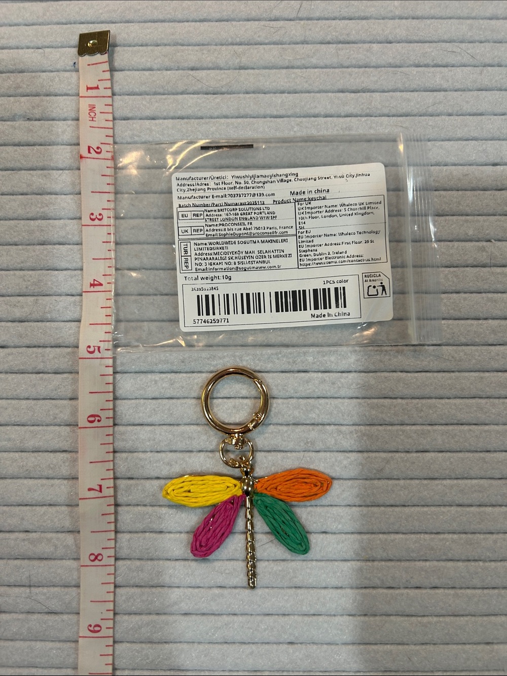 Gold Dragonfly Keychain with Yellow, Orange, Pink and Green Wings